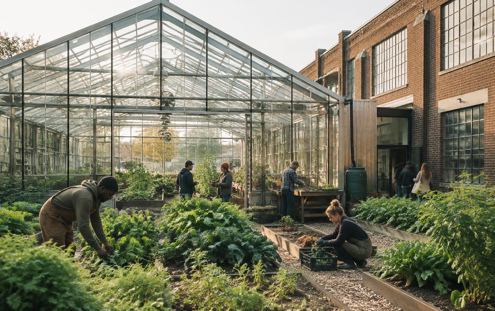 Greenhouse alongside a converted industrial property