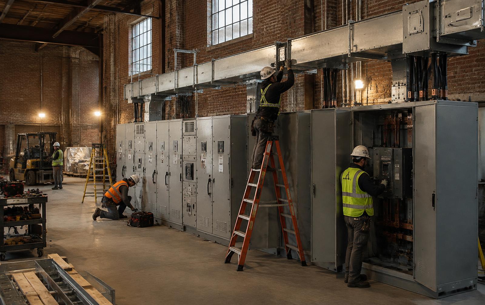 Electrical infrastructure being installed within an industrial property